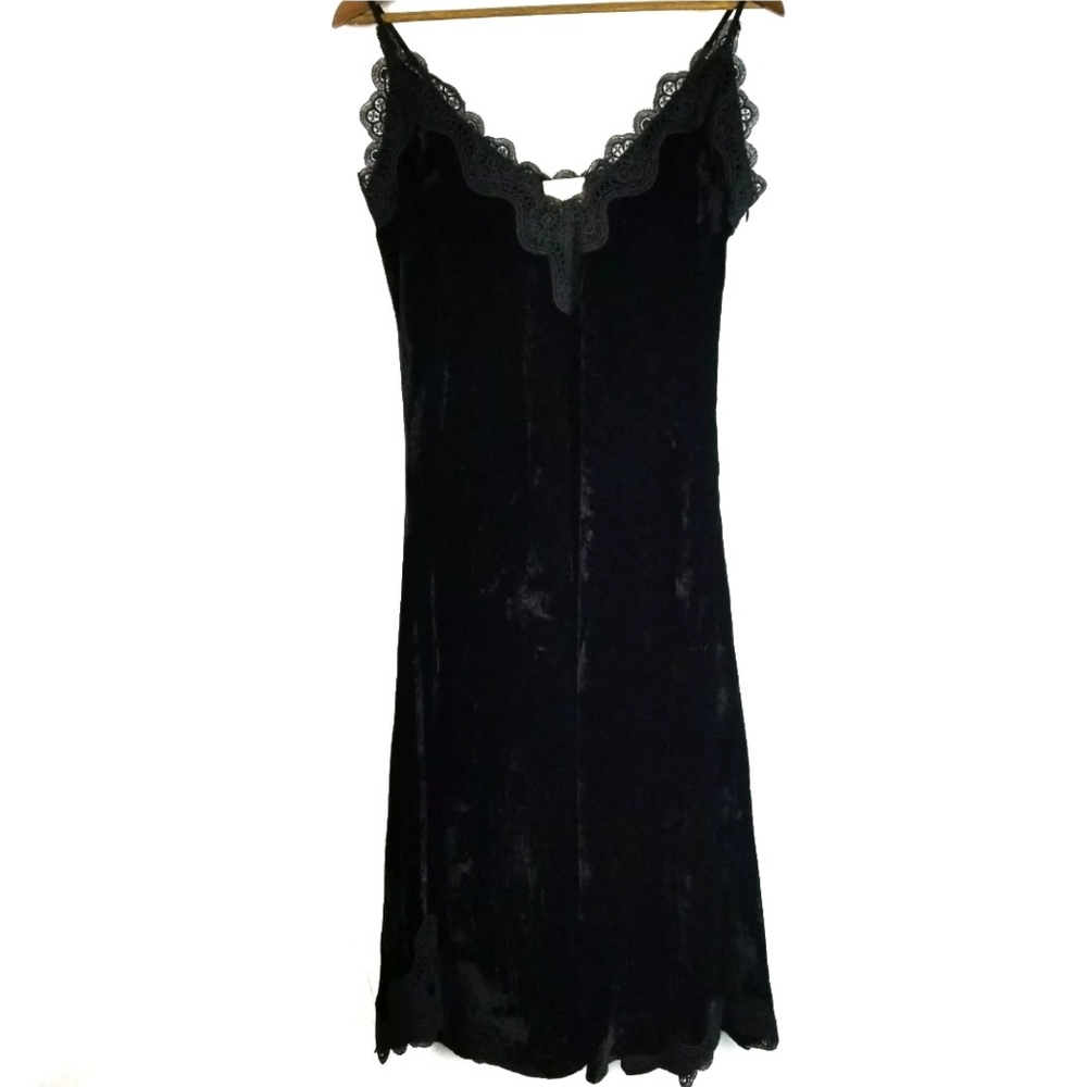 Foxiedox Black Velvet Lace Trim Midi Slip Dress